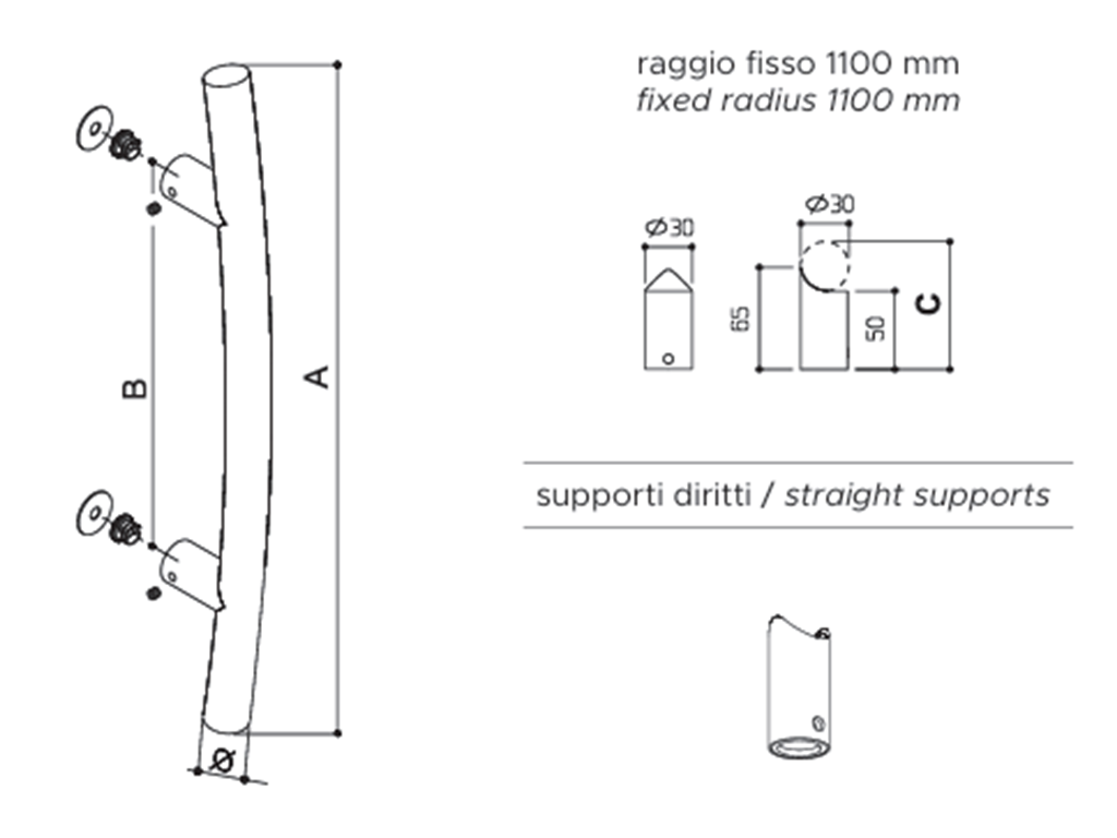 Maniglione Montana Ø30 Interasse 500 mm.700x65h AISI304 Inox F60 Inox Satinato | Fimet Maniglie - immagine 2